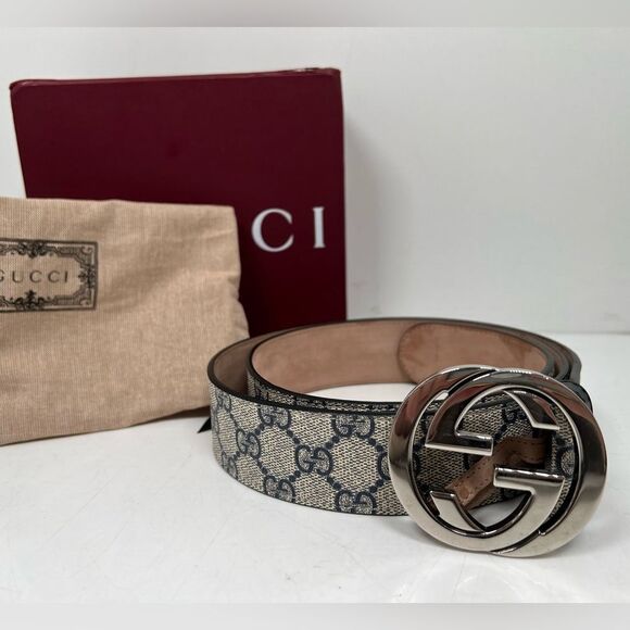 Gucci GG Supreme Belt With G Buckle - Beige Blue Canvas - Men’s 100cm Size 40 - Picture 2 of 5